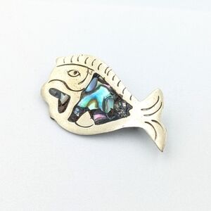 Vintage sterling silver and abalone shell Mexico fish brooch pin
